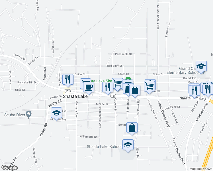 map of restaurants, bars, coffee shops, grocery stores, and more near 4446 Main Street in Shasta Lake