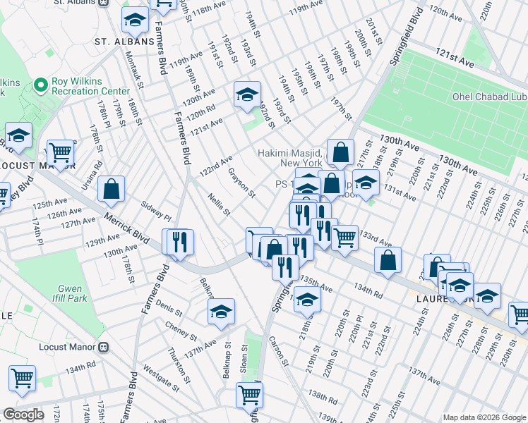 map of restaurants, bars, coffee shops, grocery stores, and more near 123-27 Milburn Street in Queens