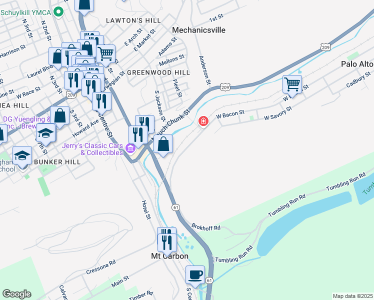 map of restaurants, bars, coffee shops, grocery stores, and more near 638 West Bacon Street in Pottsville