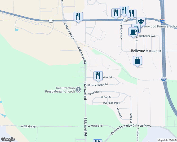 map of restaurants, bars, coffee shops, grocery stores, and more near 618 South Maxwell Road in Peoria