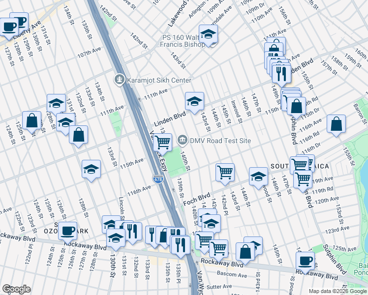 map of restaurants, bars, coffee shops, grocery stores, and more near 115-20 141st Street in Queens