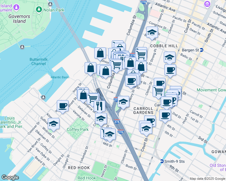 map of restaurants, bars, coffee shops, grocery stores, and more near 37 Woodhull Street in Brooklyn