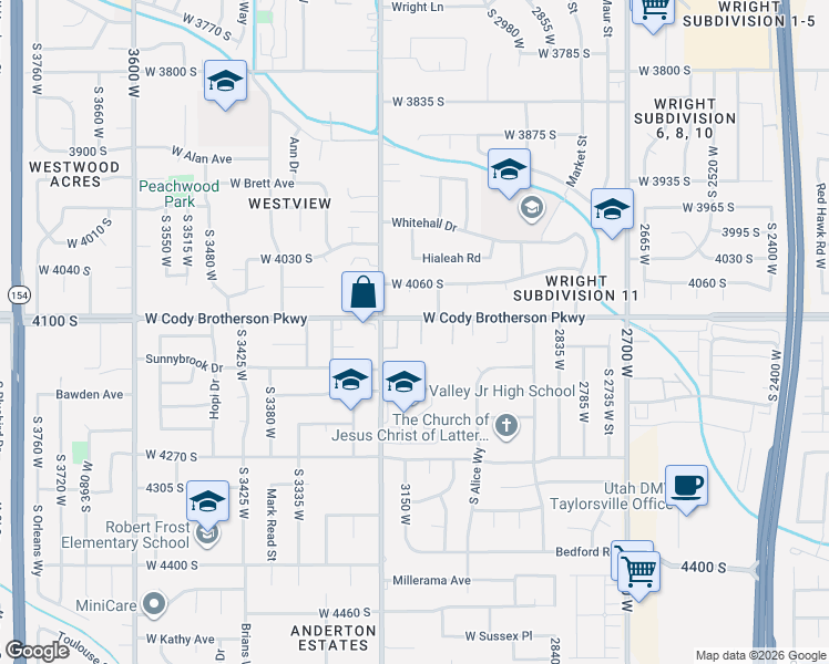 map of restaurants, bars, coffee shops, grocery stores, and more near 4128 Middle Park Lane in West Valley City