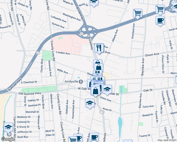 map of restaurants, bars, coffee shops, grocery stores, and more near 45 Sterling Place in Amityville