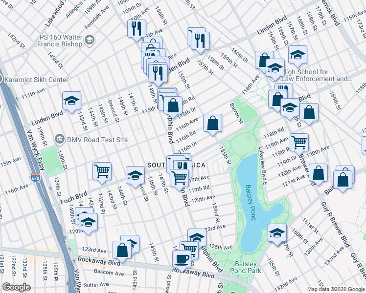 map of restaurants, bars, coffee shops, grocery stores, and more near 150-34 116th Drive in Queens