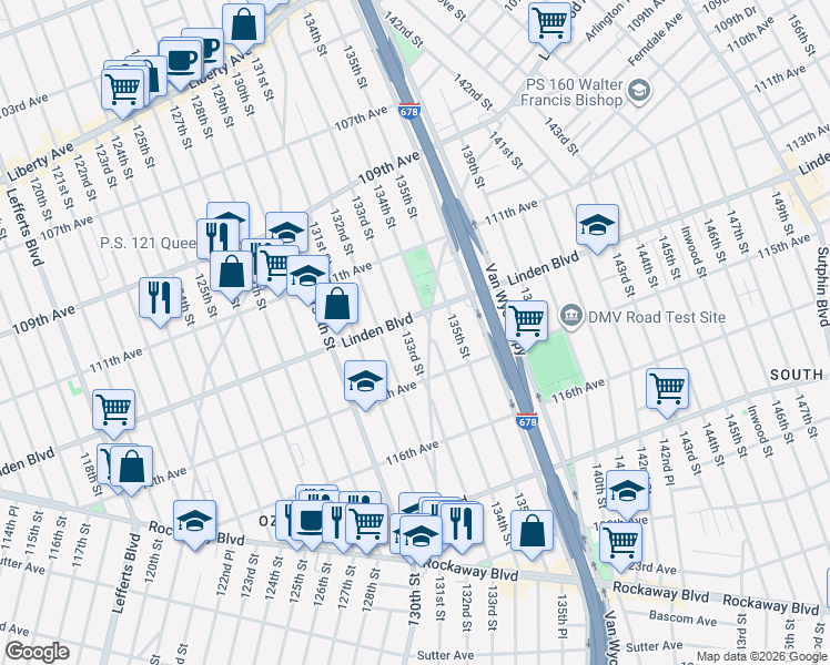 map of restaurants, bars, coffee shops, grocery stores, and more near 114-14 133rd Street in Queens