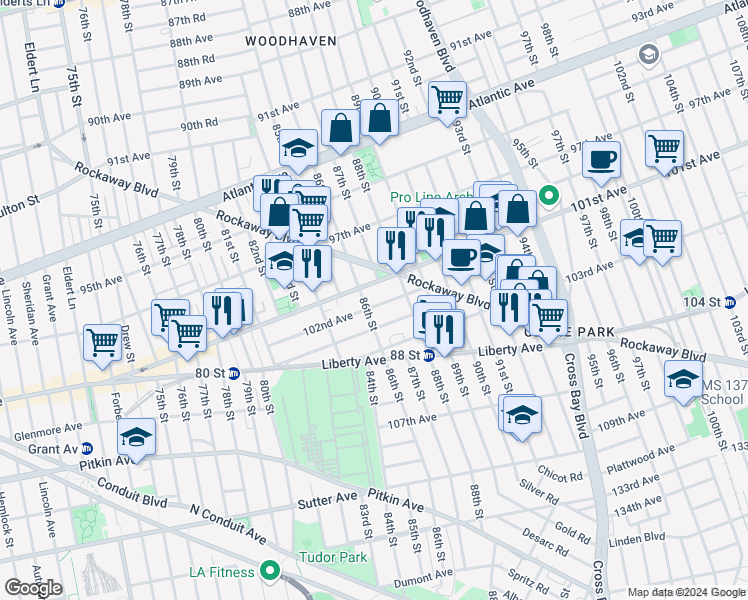 map of restaurants, bars, coffee shops, grocery stores, and more near 86-22 102nd Avenue in Queens