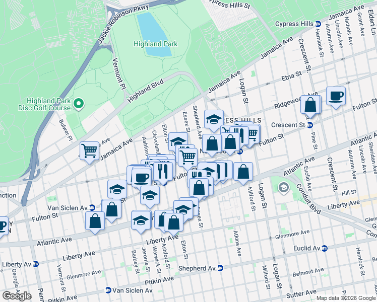 map of restaurants, bars, coffee shops, grocery stores, and more near 179 Linwood Street in Brooklyn