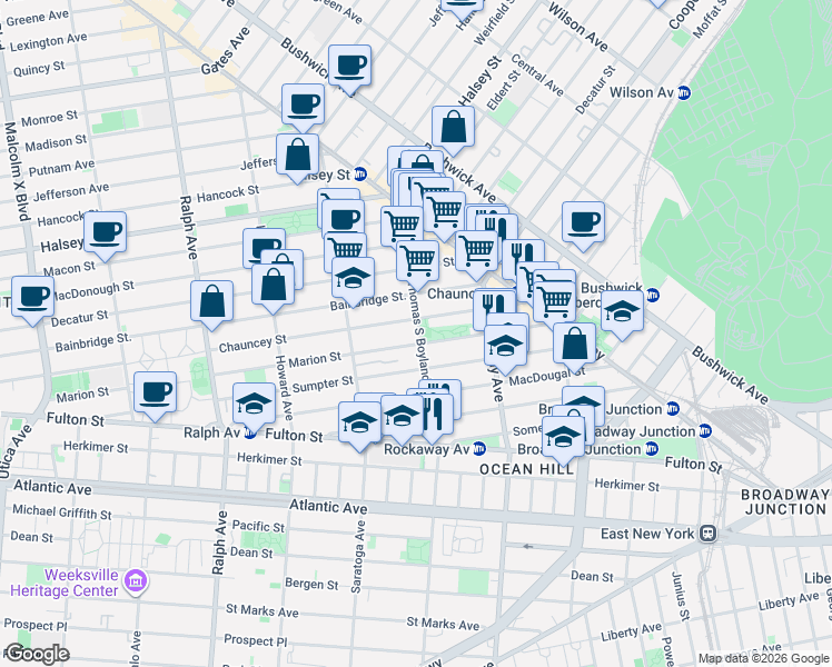 map of restaurants, bars, coffee shops, grocery stores, and more near 379 Marion Street in Brooklyn