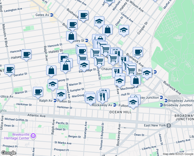 map of restaurants, bars, coffee shops, grocery stores, and more near 379 Marion Street in Brooklyn
