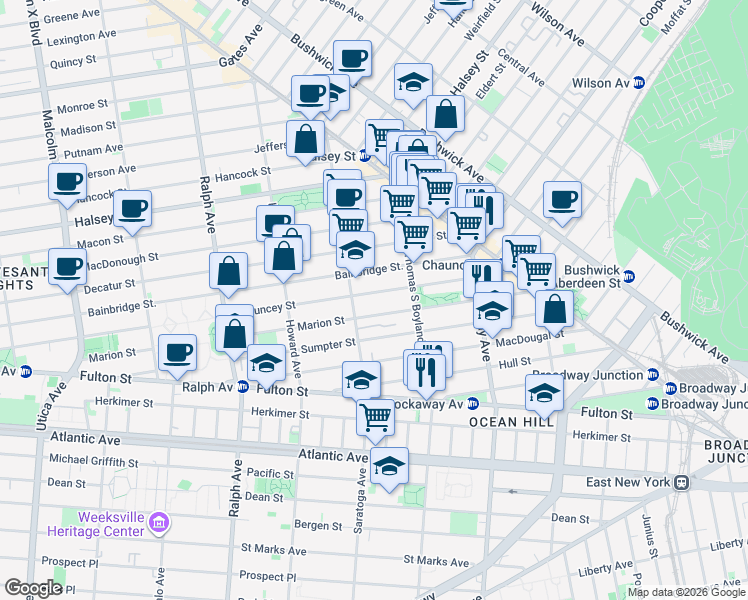 map of restaurants, bars, coffee shops, grocery stores, and more near 341 Marion Street in Brooklyn