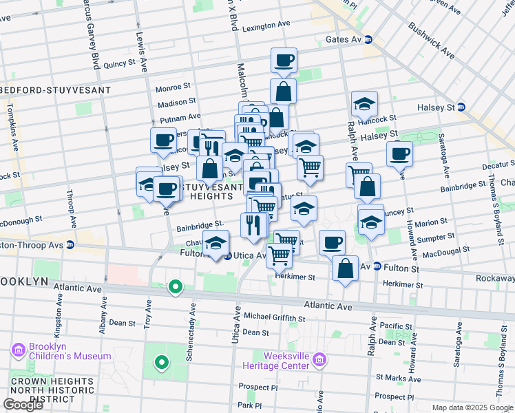 map of restaurants, bars, coffee shops, grocery stores, and more near 332 Malcolm X Boulevard in Brooklyn