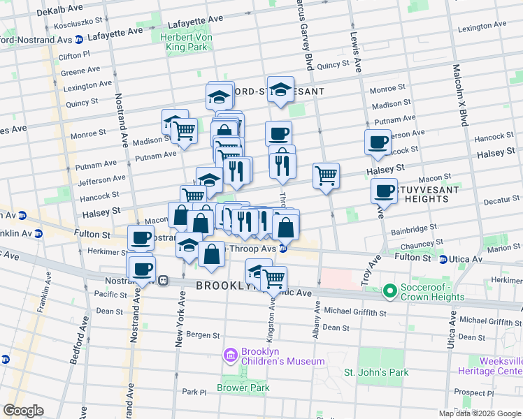 map of restaurants, bars, coffee shops, grocery stores, and more near 97 MacDonough Street in Brooklyn