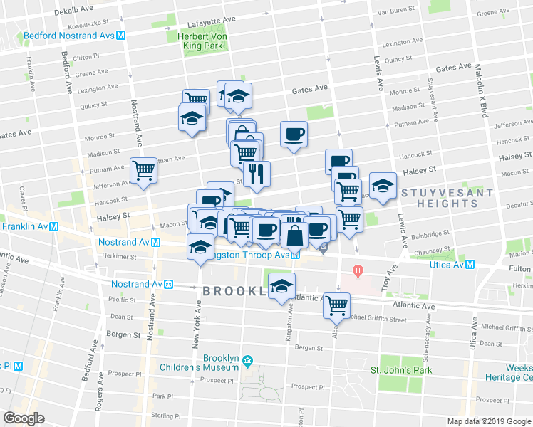 map of restaurants, bars, coffee shops, grocery stores, and more near 97 MacDonough Street in Brooklyn