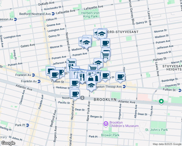 map of restaurants, bars, coffee shops, grocery stores, and more near 107 Macon Street in Brooklyn