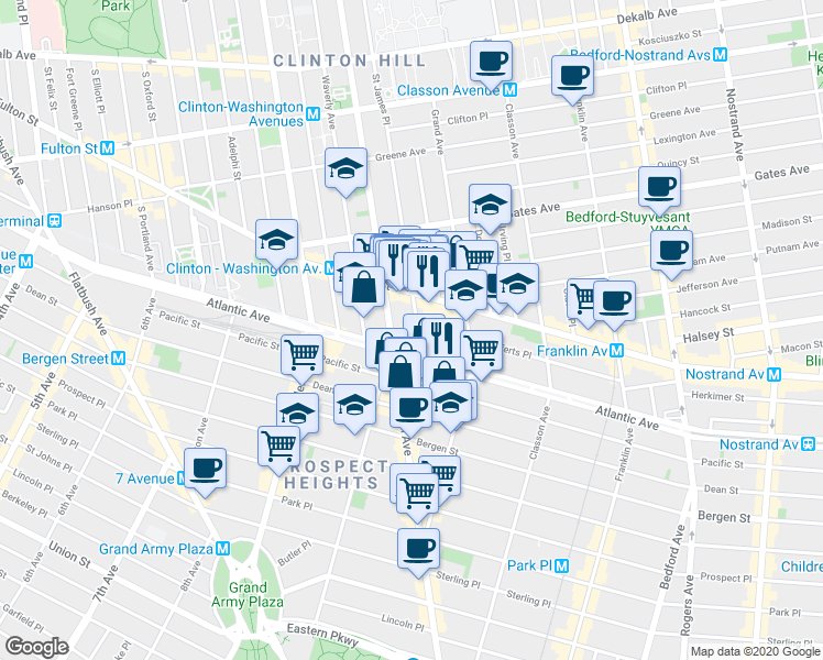 map of restaurants, bars, coffee shops, grocery stores, and more near 298 Saint James Place in Brooklyn