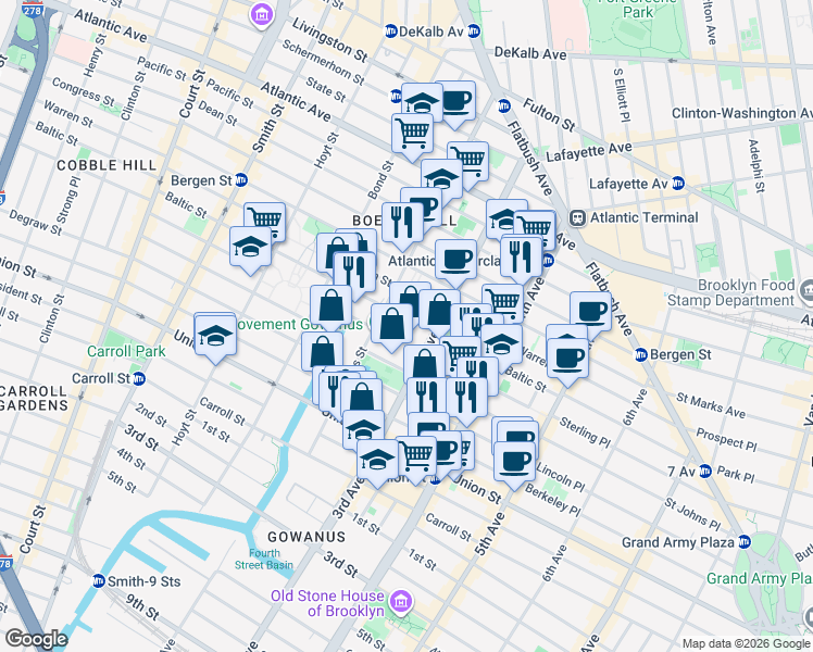 map of restaurants, bars, coffee shops, grocery stores, and more near 526 Baltic Street in Brooklyn