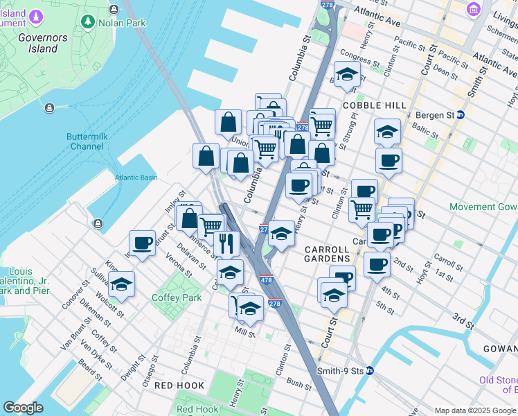 map of restaurants, bars, coffee shops, grocery stores, and more near 8 Woodhull Street in Brooklyn