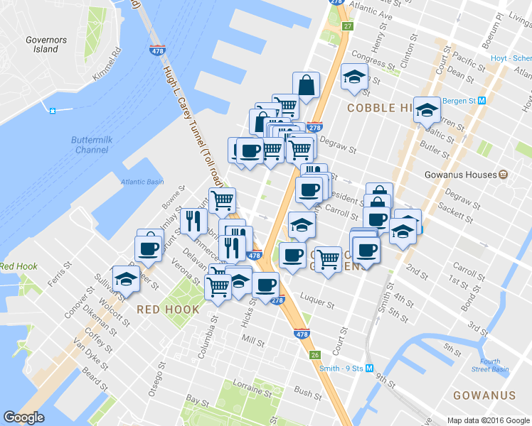 map of restaurants, bars, coffee shops, grocery stores, and more near 8 Woodhull Street in Brooklyn