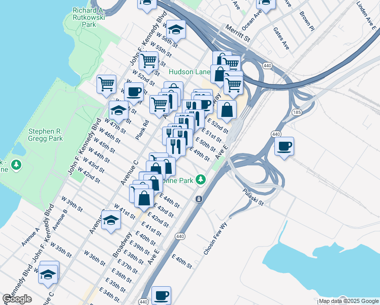 map of restaurants, bars, coffee shops, grocery stores, and more near 990 Broadway in Bayonne
