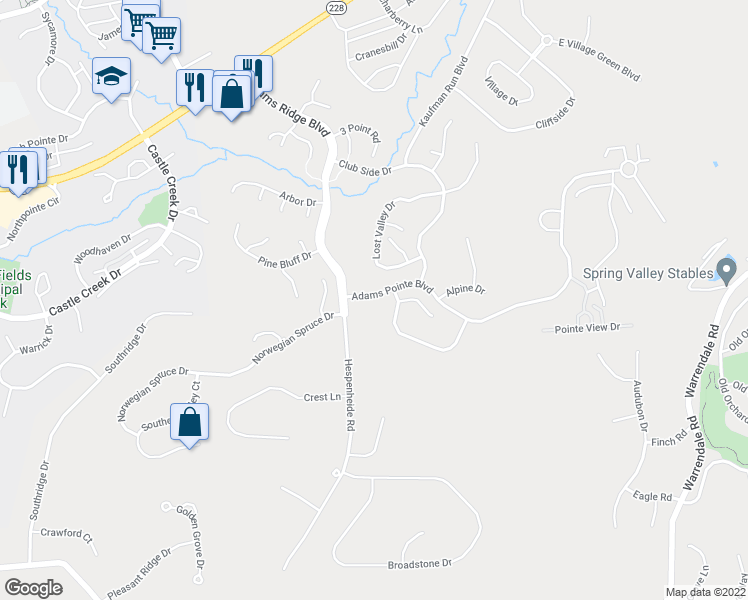 map of restaurants, bars, coffee shops, grocery stores, and more near 216 Adams Pointe Boulevard in Seven Fields