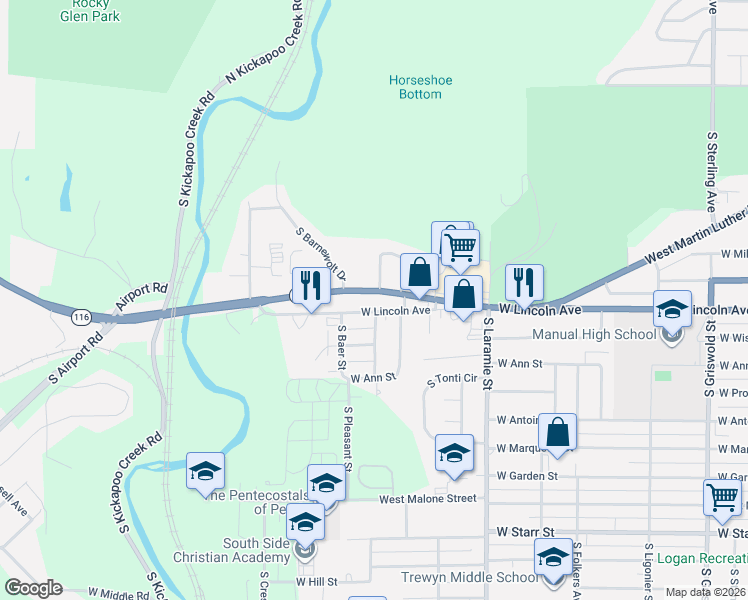map of restaurants, bars, coffee shops, grocery stores, and more near 3409 West Lincoln Avenue in Peoria