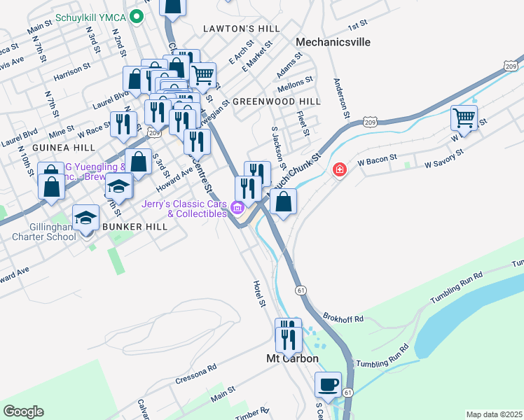 map of restaurants, bars, coffee shops, grocery stores, and more near 223 Mauch Chunk Street in Pottsville
