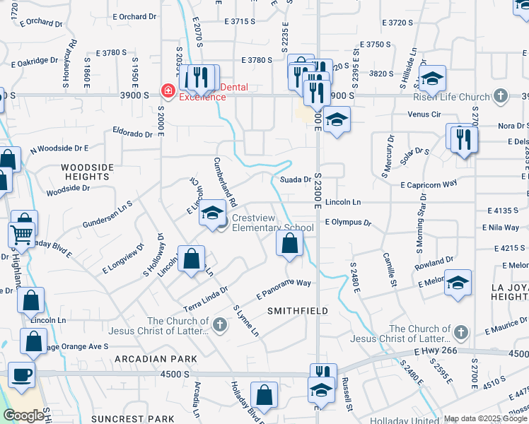 map of restaurants, bars, coffee shops, grocery stores, and more near 4132 South 2210 East in Holladay