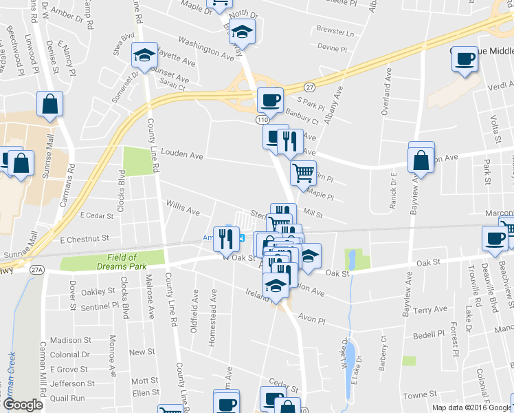 map of restaurants, bars, coffee shops, grocery stores, and more near 51 Sterling Place in Amityville