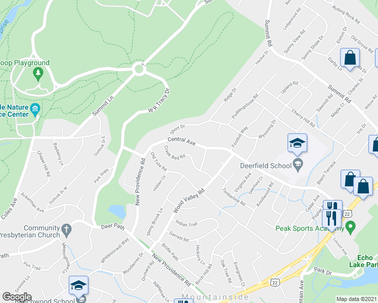 map of restaurants, bars, coffee shops, grocery stores, and more near 364 Creek Bed Road in Mountainside