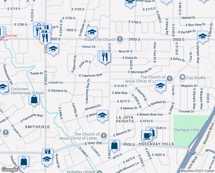 map of restaurants, bars, coffee shops, grocery stores, and more near 4140 South 2700 East in Salt Lake City