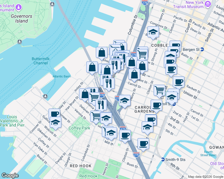 map of restaurants, bars, coffee shops, grocery stores, and more near 29 Woodhull Street in Brooklyn