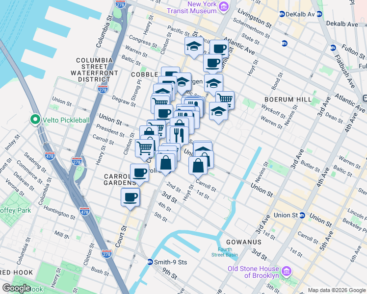 map of restaurants, bars, coffee shops, grocery stores, and more near 301 Smith Street in Brooklyn