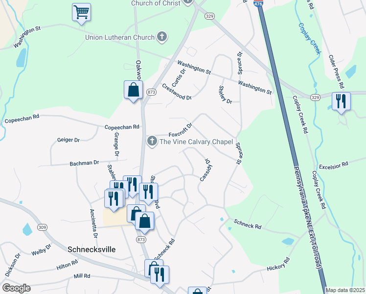 map of restaurants, bars, coffee shops, grocery stores, and more near 5187 Cassidy Drive in Schnecksville