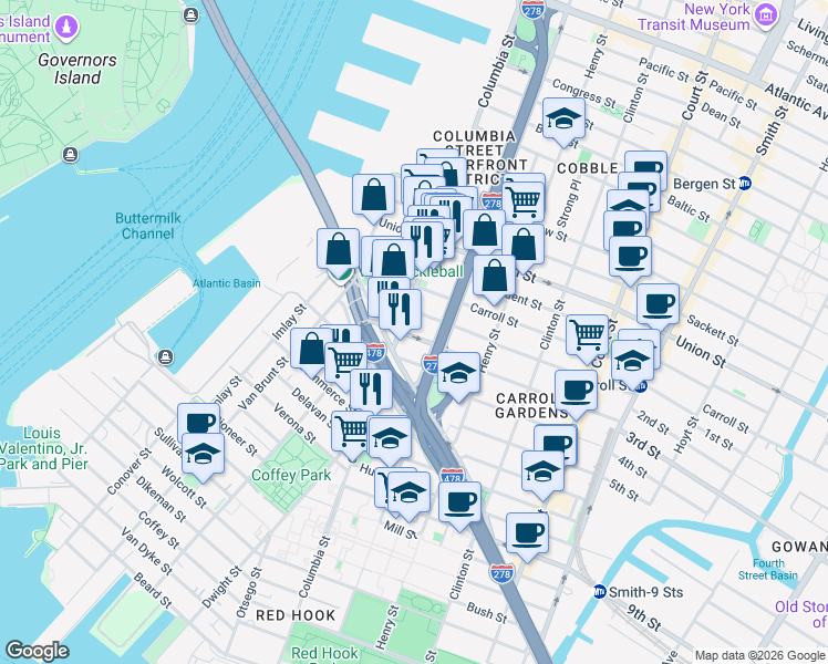 map of restaurants, bars, coffee shops, grocery stores, and more near 31 Woodhull Street in Brooklyn