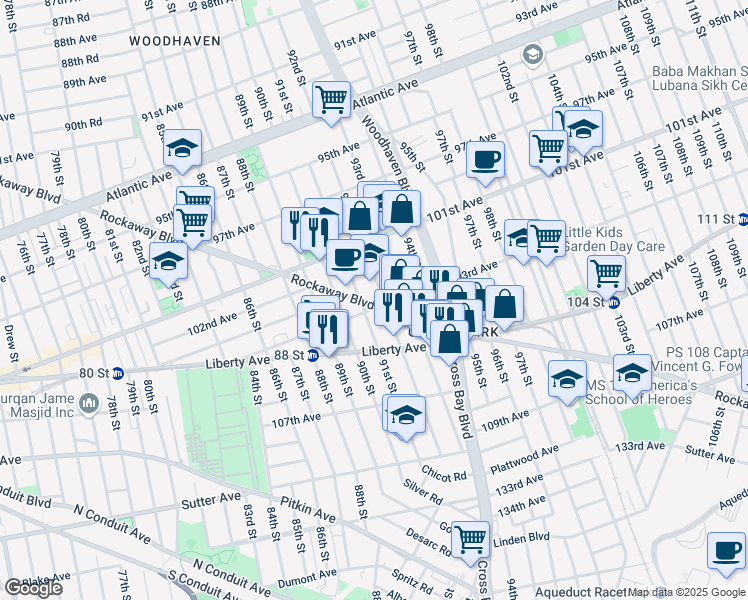 map of restaurants, bars, coffee shops, grocery stores, and more near 91-23 Rockaway Boulevard in Queens
