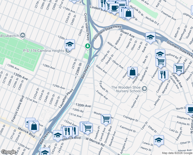 map of restaurants, bars, coffee shops, grocery stores, and more near 2026 Amherst Avenue in Valley Stream