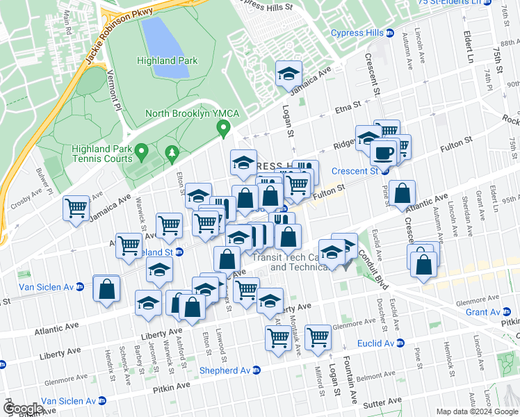 map of restaurants, bars, coffee shops, grocery stores, and more near 144 Hale Avenue in Brooklyn