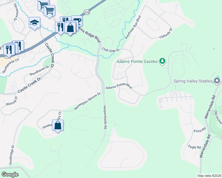 map of restaurants, bars, coffee shops, grocery stores, and more near 216 Adams Pointe Boulevard in Seven Fields
