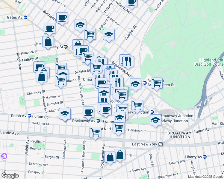 map of restaurants, bars, coffee shops, grocery stores, and more near 490 Marion Street in Brooklyn