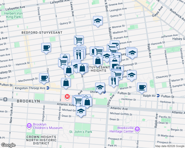 map of restaurants, bars, coffee shops, grocery stores, and more near 257 Decatur Street in Brooklyn