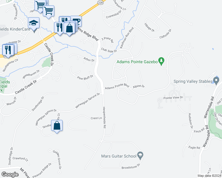 map of restaurants, bars, coffee shops, grocery stores, and more near 216 Adams Pointe Boulevard in Seven Fields