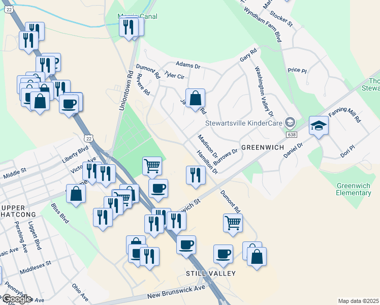 map of restaurants, bars, coffee shops, grocery stores, and more near Dumont Road in Greenwich Township
