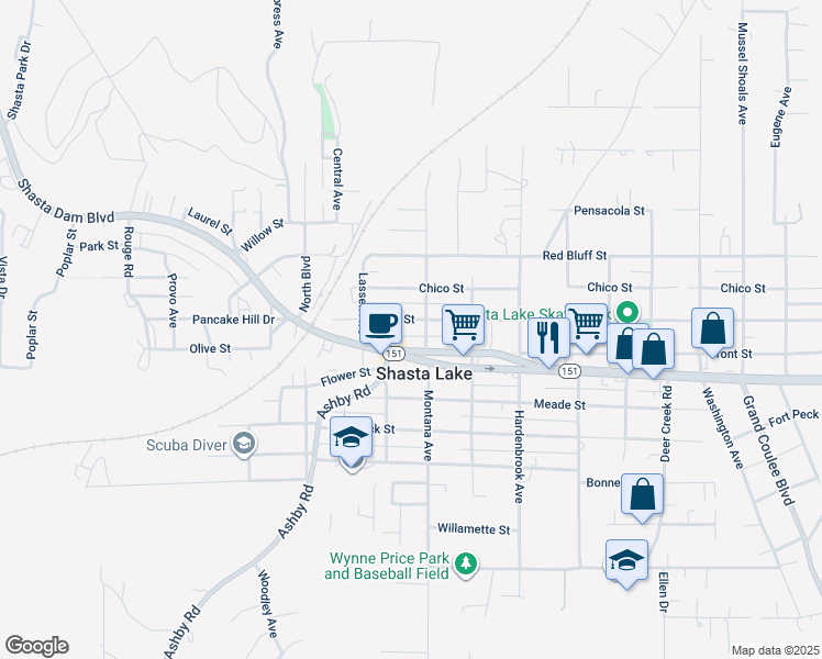 map of restaurants, bars, coffee shops, grocery stores, and more near 4176 Main Street in Shasta Lake