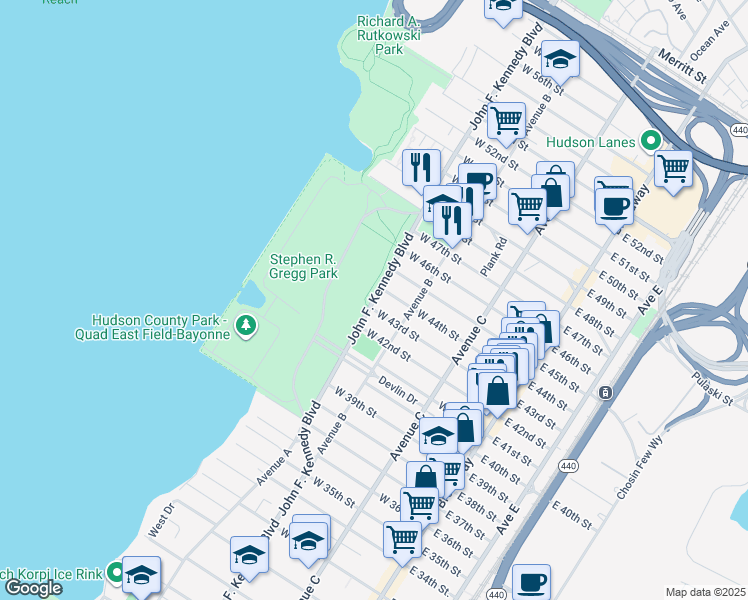 map of restaurants, bars, coffee shops, grocery stores, and more near 1030 John F. Kennedy Boulevard in Bayonne