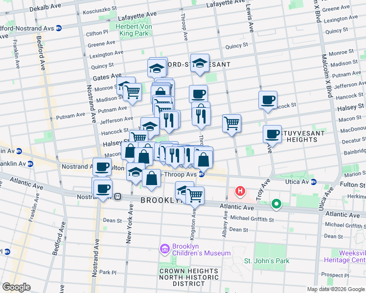 map of restaurants, bars, coffee shops, grocery stores, and more near 210 Macon Street in Brooklyn
