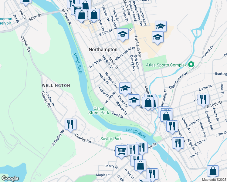 map of restaurants, bars, coffee shops, grocery stores, and more near 123 West 14th Street in Northampton