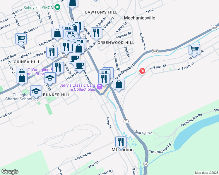 map of restaurants, bars, coffee shops, grocery stores, and more near 223 Mauch Chunk Street in Pottsville