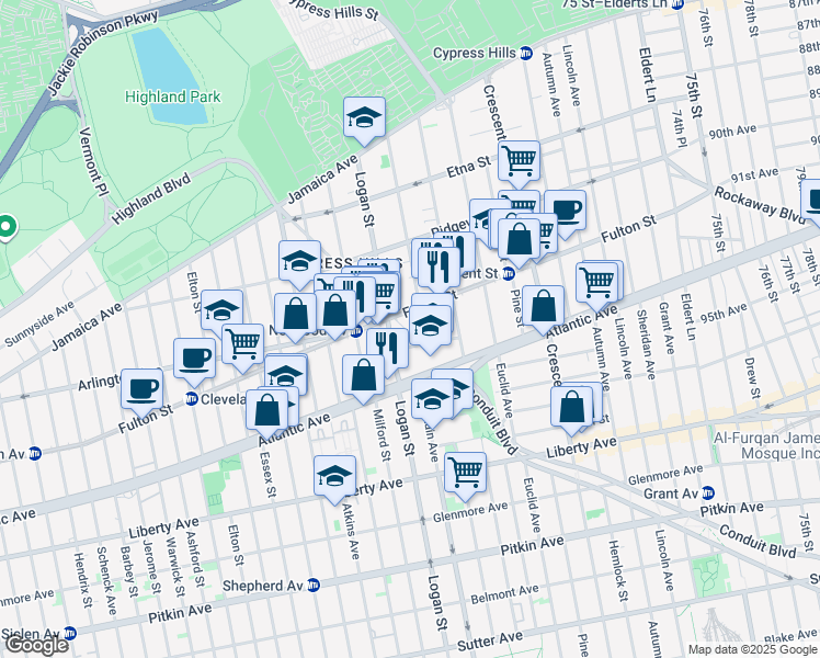 map of restaurants, bars, coffee shops, grocery stores, and more near Force Tube Avenue in Brooklyn