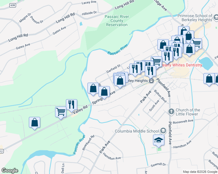 map of restaurants, bars, coffee shops, grocery stores, and more near 88 River Road in Berkeley Heights